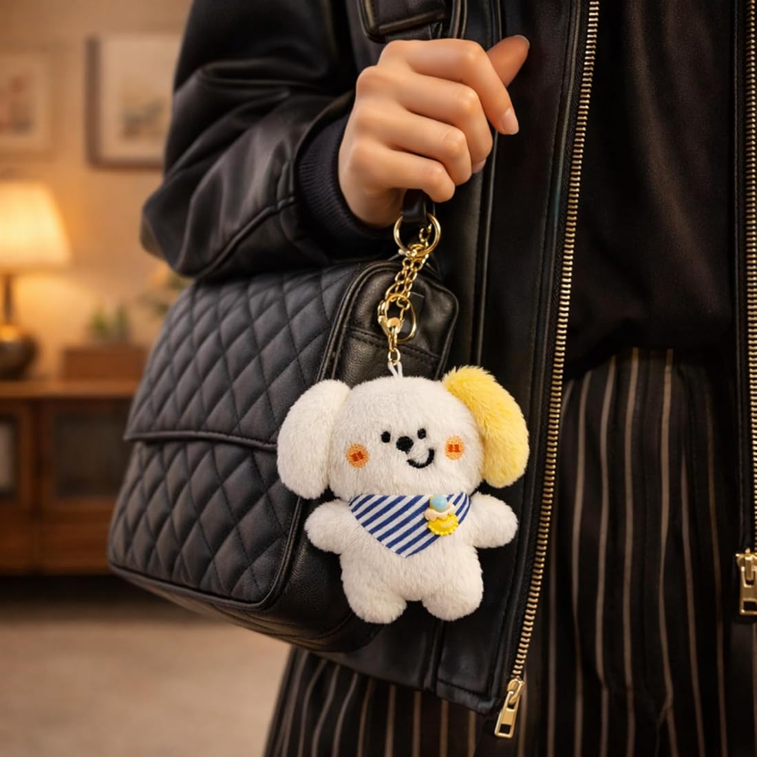 WHUMIES Cute White Dog Plush Keychain with Yellow Ear & Blue